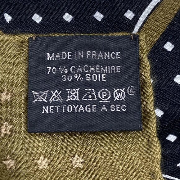 Auth HERMES Carre Geant/Carres 140 - Khaki Black White Cashmere Silk Scarf - Picture 5 of 5